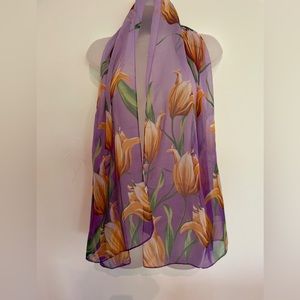 NWOT purple, orange and green tulip scarf